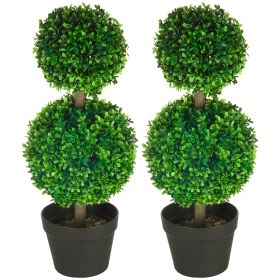 2 Pcs Artificial Boxwood Ball Topiary Tree 23.5" with Double Ball-Shaped Leaves in Pot Green