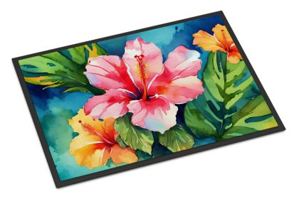 Hawaii Hawaiian Hibiscus in Watercolor Doormat Front Door Mat Indoor Outdoor Rugs for Entryway, Non Slip Washable Low Pile, 24H X 36W (Default: Default)