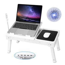 Foldable Laptop Table Bed Notebook Desk w/Cooling Fan Mouse Board LED light 4 x USB Ports Breakfast Snacking Tray with Storage Groove For Home Office (Color: White)