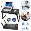Foldable Laptop Table Bed Notebook Desk w/Cooling Fan Mouse Board LED light 4 x USB Ports Breakfast Snacking Tray with Storage Groove For Home Office
